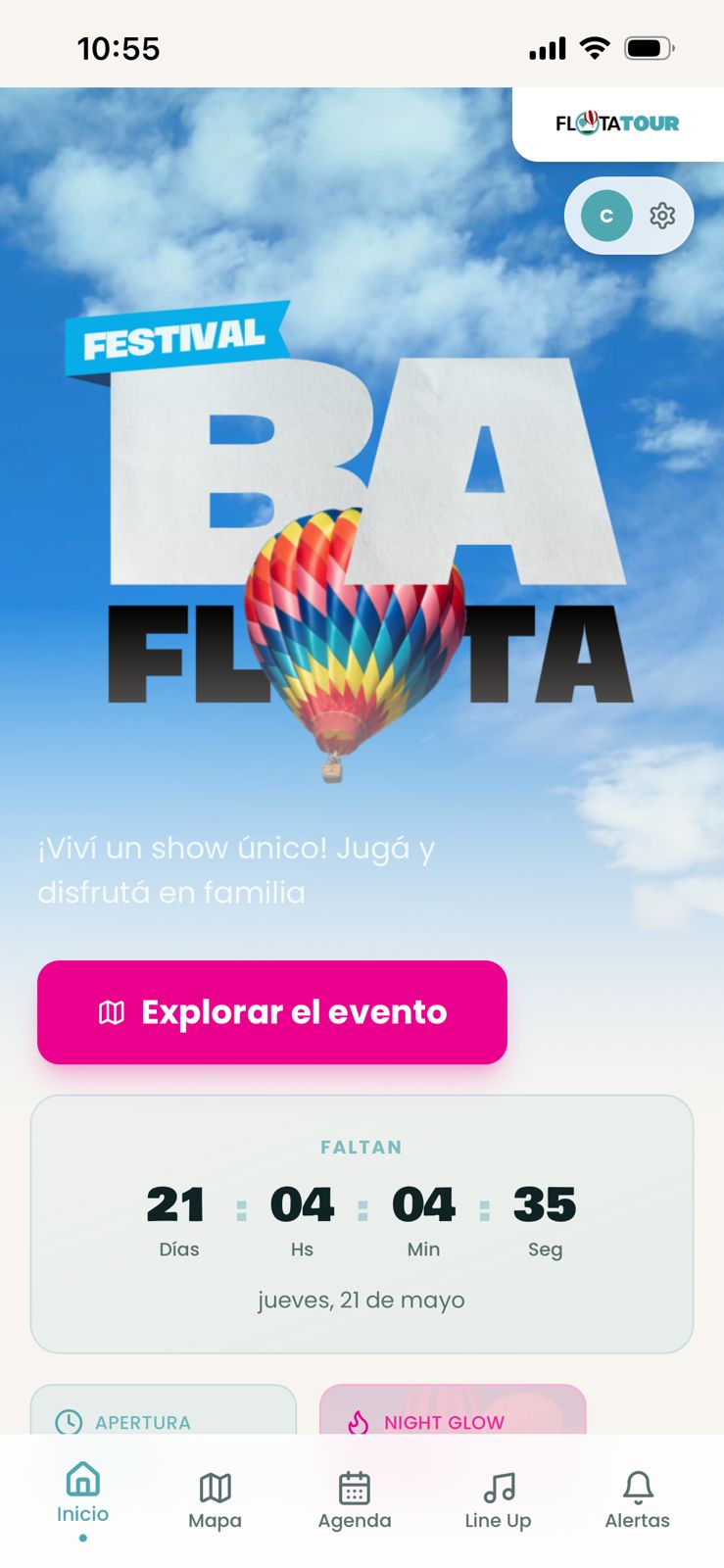 Pantalla de inicio de la app de Flota Tour con cuenta regresiva