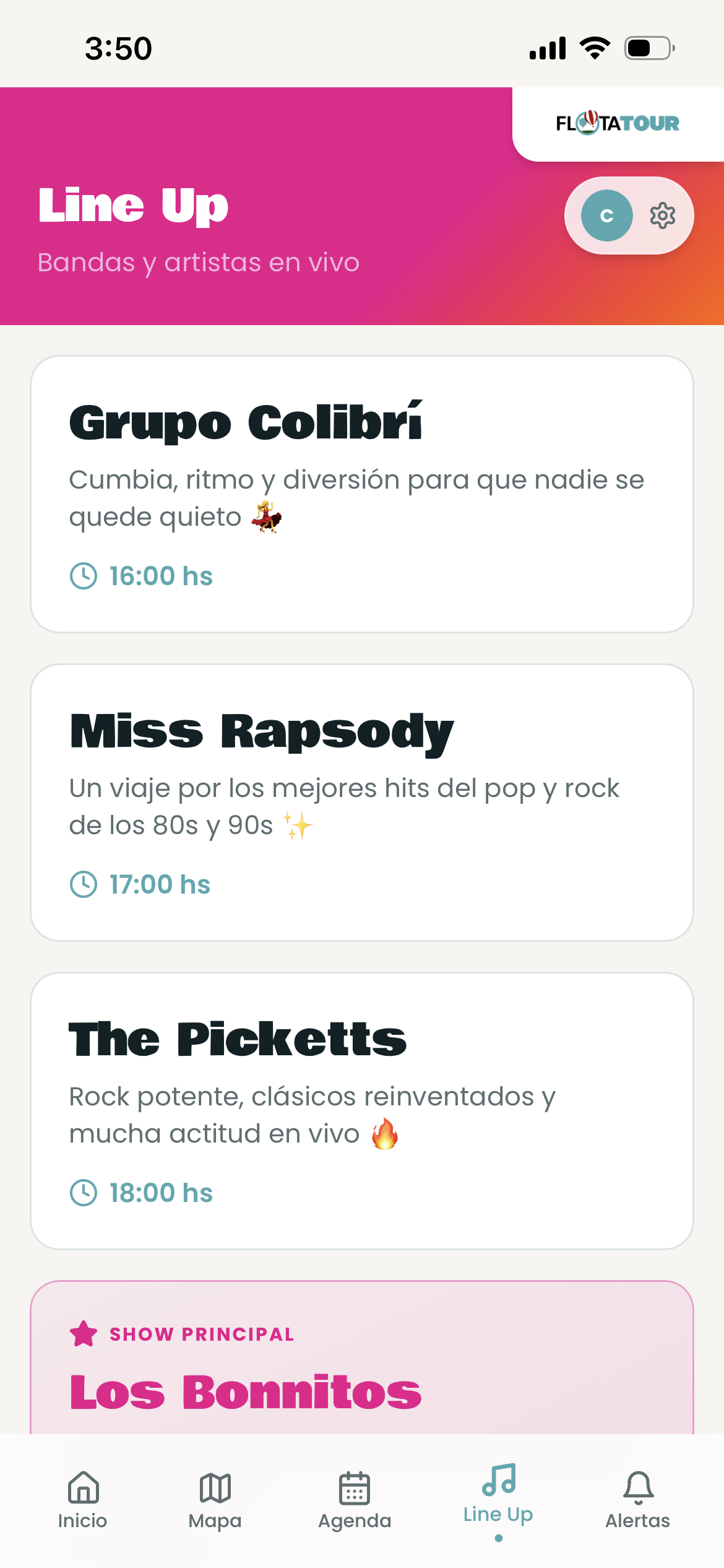 Line up de bandas en vivo en la app de Flota Tour