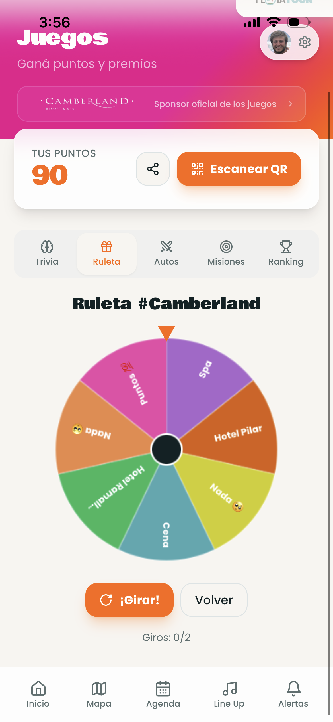 Ruleta sponsoreada por Camberland en la app de Flota Tour