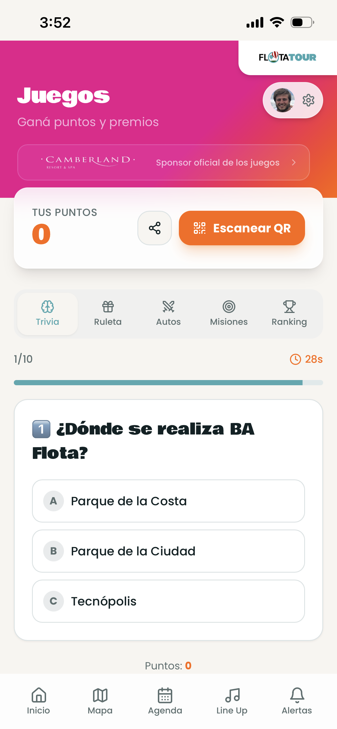 Trivia sponsoreada por Camberland en la app de Flota Tour