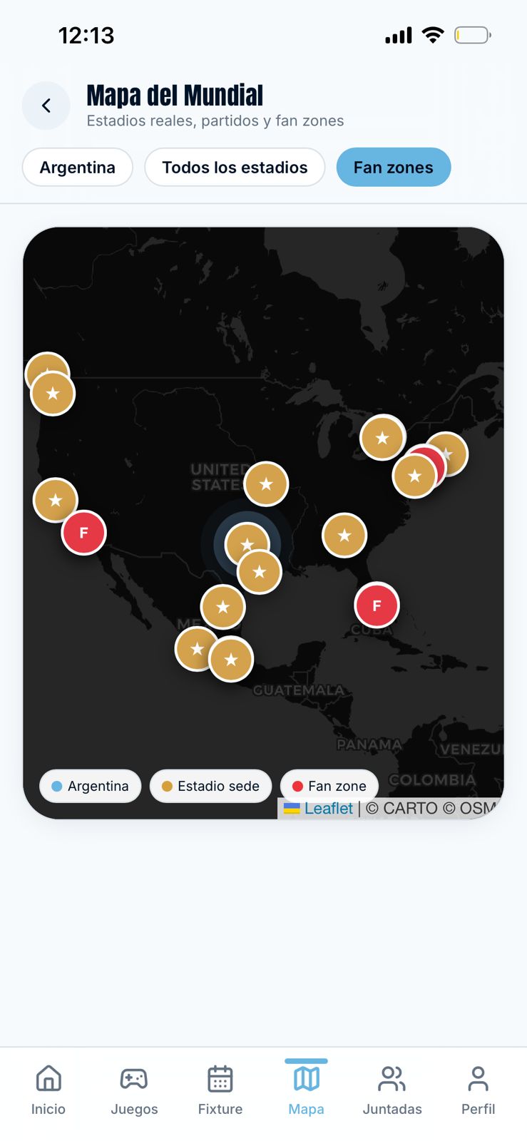 Mapa multi-país con estadios y fan zones del Mundial