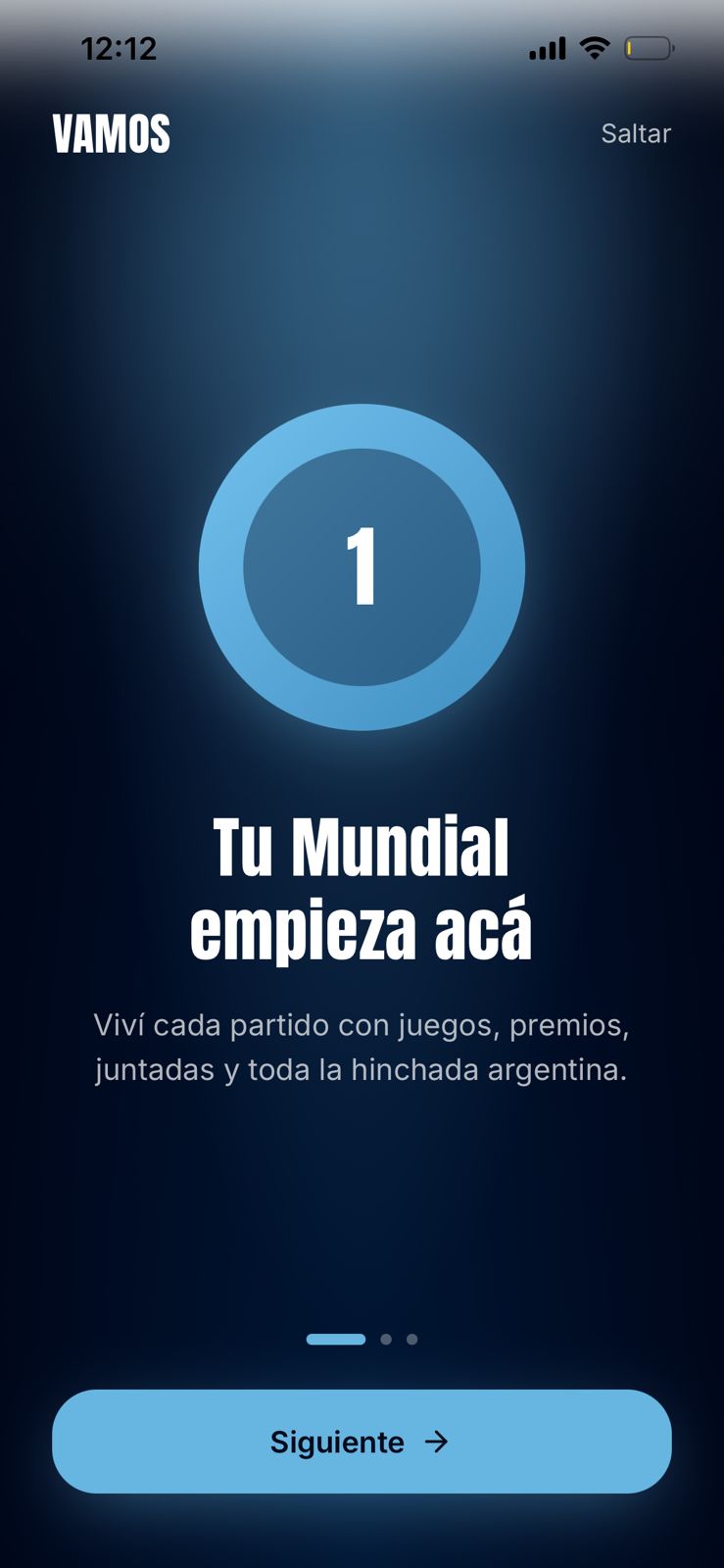 Pantalla 1 del onboarding de VAMOS — Tu Mundial empieza acá